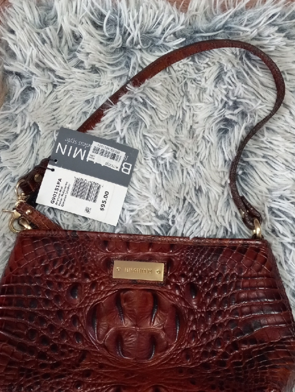 Brahmin Distressed Brown Croc-Embossed Leather Shoulder Bag